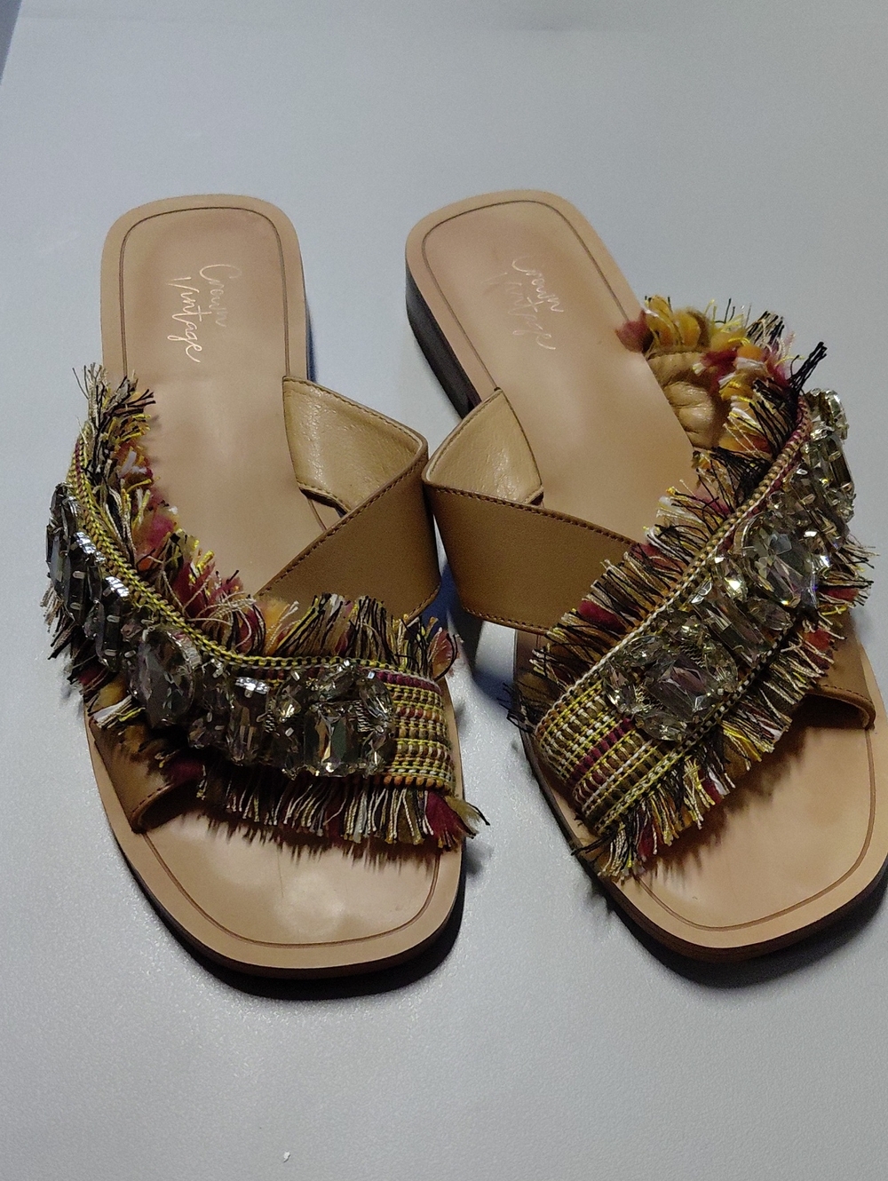 Crown Vintage Embellished Tan Slide Sandals with Metallic Fringe